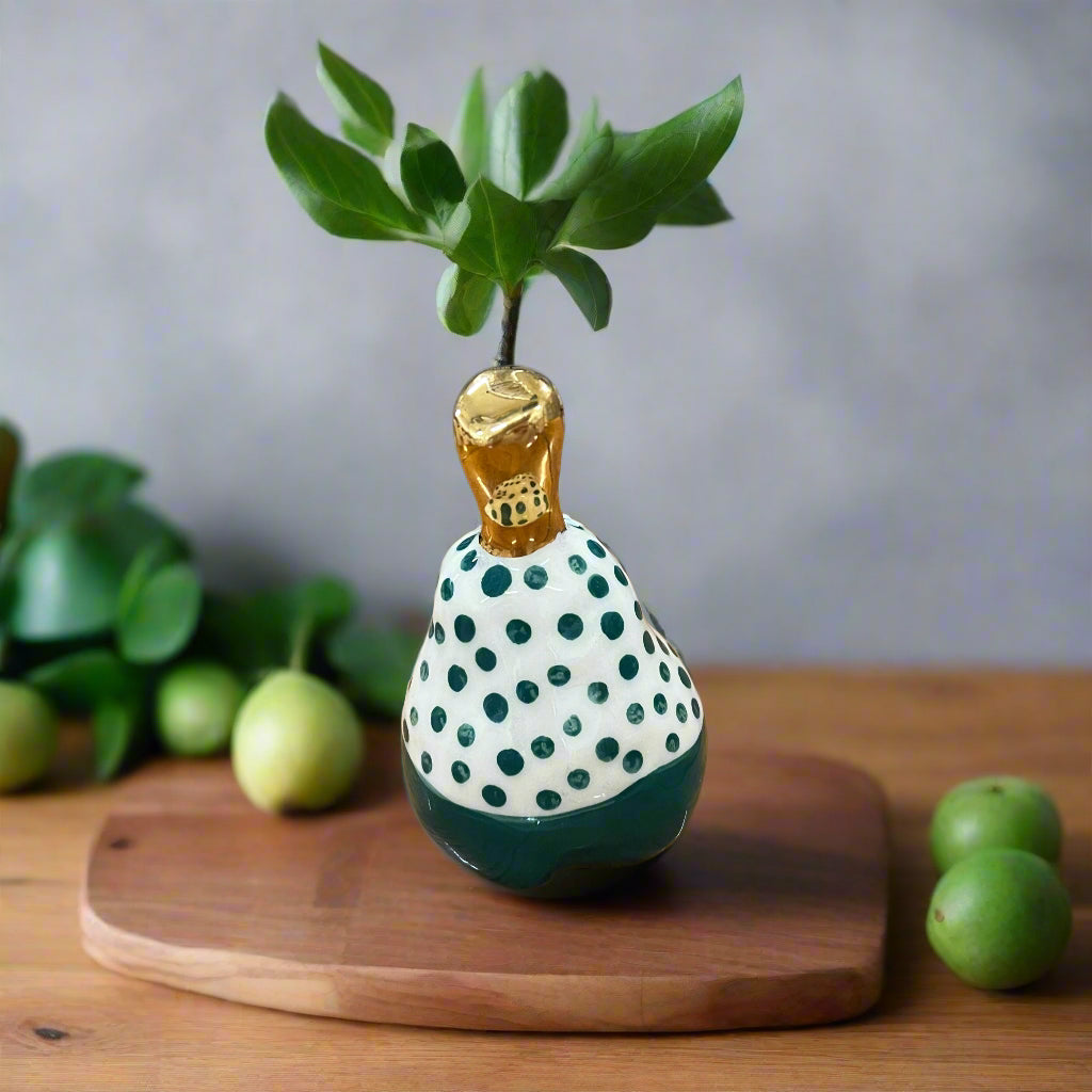 Small Ceramic Pear with Golden Stalk - Green Spot with Solid Green Base