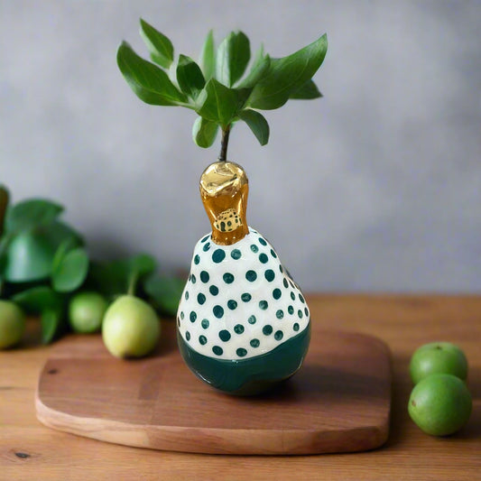 Small Ceramic Pear with Golden Stalk - Green Spot with Solid Green Base
