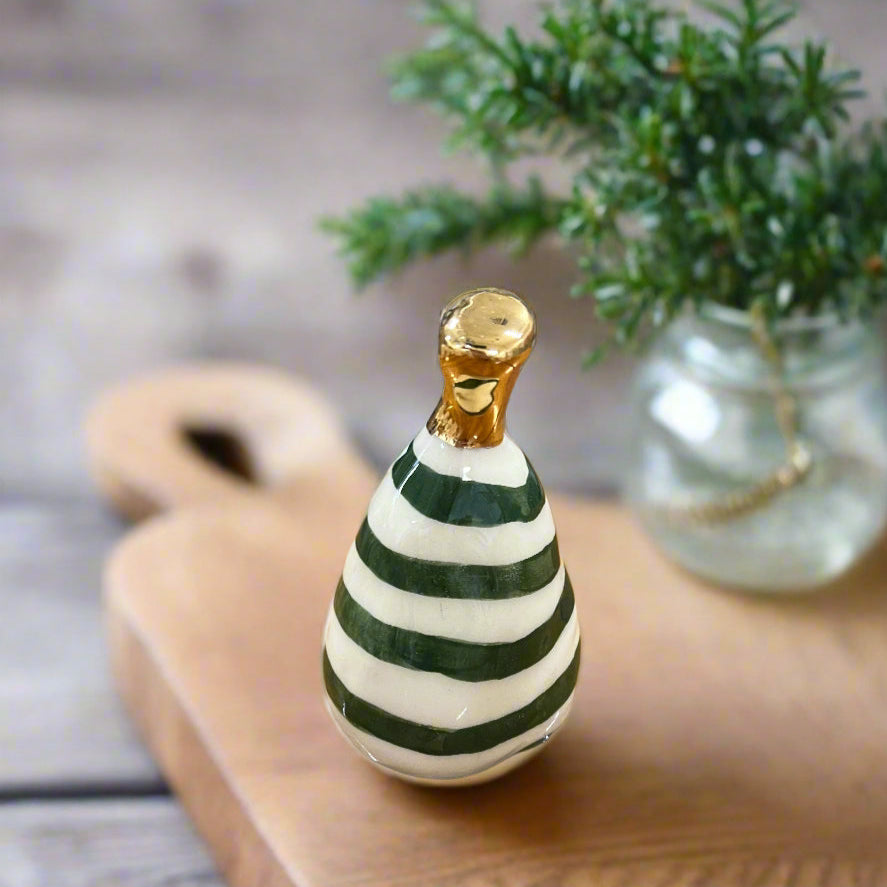 Small Ceramic Pear with Golden Stalk - Green Stripe