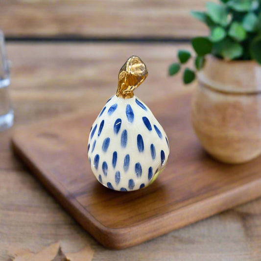 Small Ceramic Pear with Golden Stalk - Small Blue Stripe