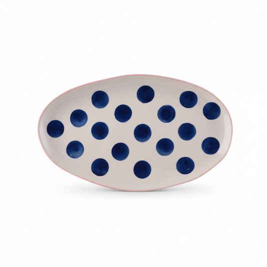 Small Oval Platter - Pink Rim and Navy Dots