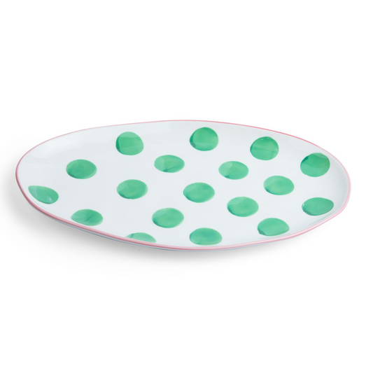 Small Oval Platter – Green Spots & Pink Rim