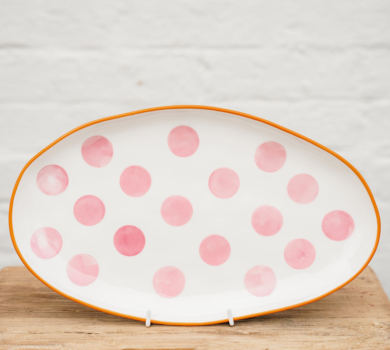 Small Oval Platter – Pink Spots & Orange Rim