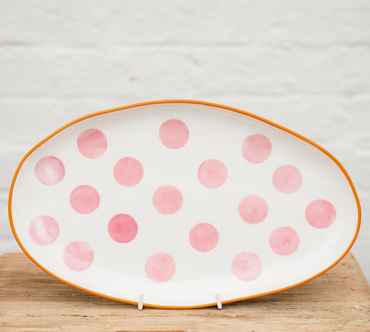 Small Oval Platter – Pink Spots & Orange Rim