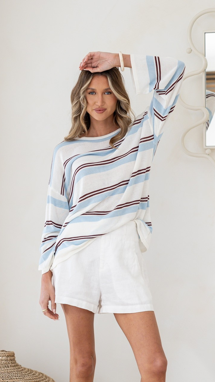 Spring Time Stripe Knit - White/Blue/Chocolate