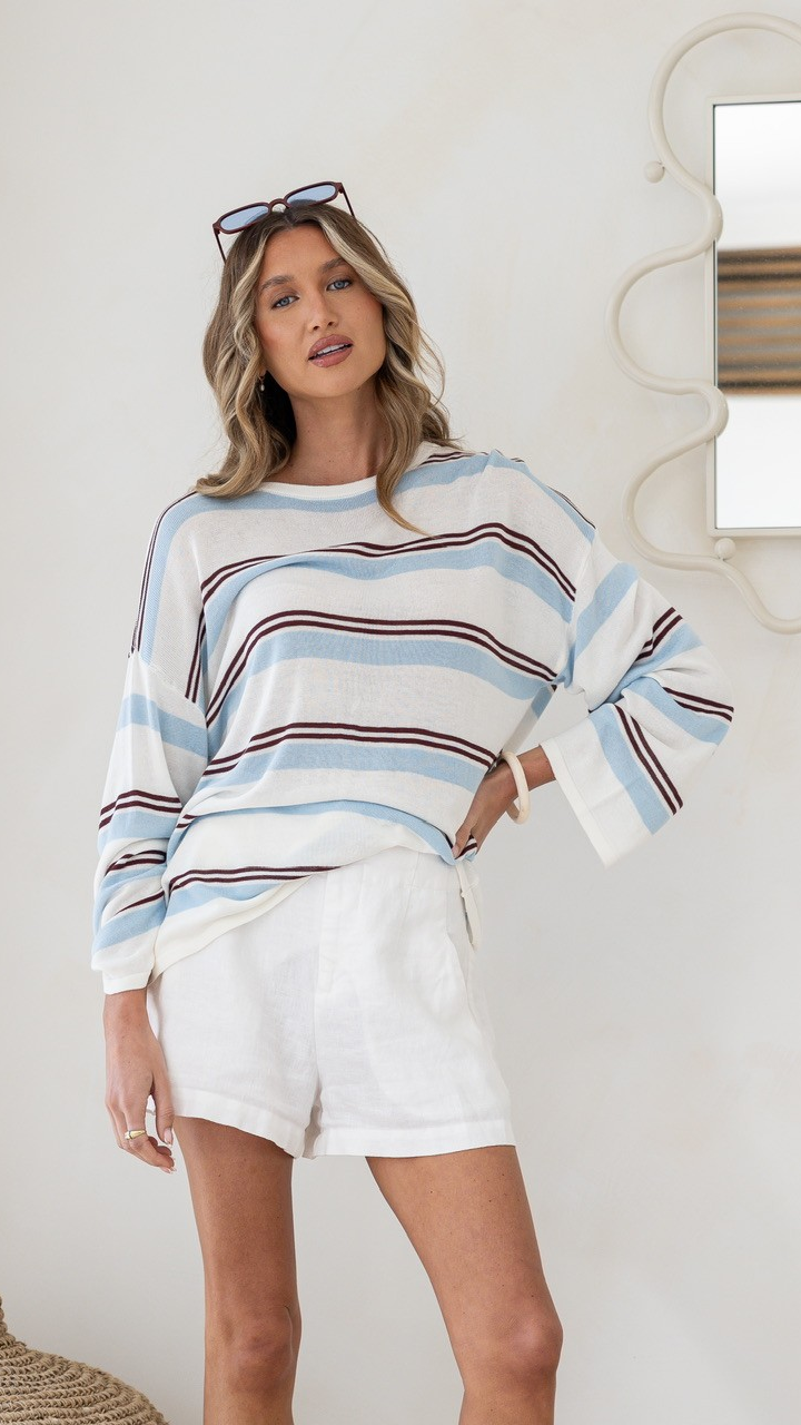 Spring Time Stripe Knit - White/Blue/Chocolate