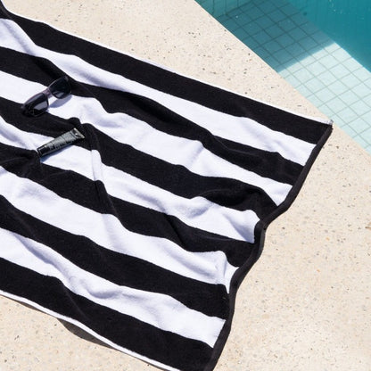 Striped Cabana Cotton Terry Beach Towel - Black