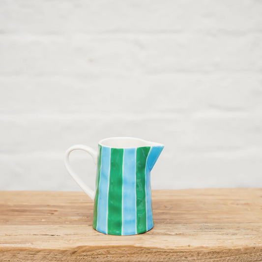 Striped Milk Jug with Handle - Green & Cornflower Blue