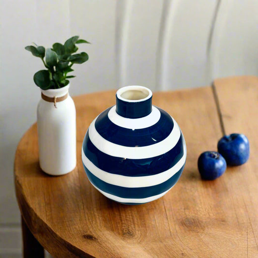 Striped Round Bud Vase - Classic Blue