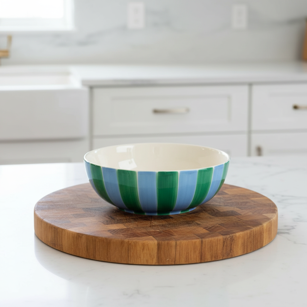 Striped Salad Bowl - Green &amp; Cornflower Blue
