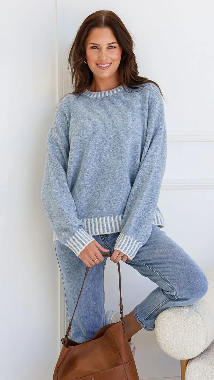 Tilly Crew Neck Blanket Stitch Knit - Blue
