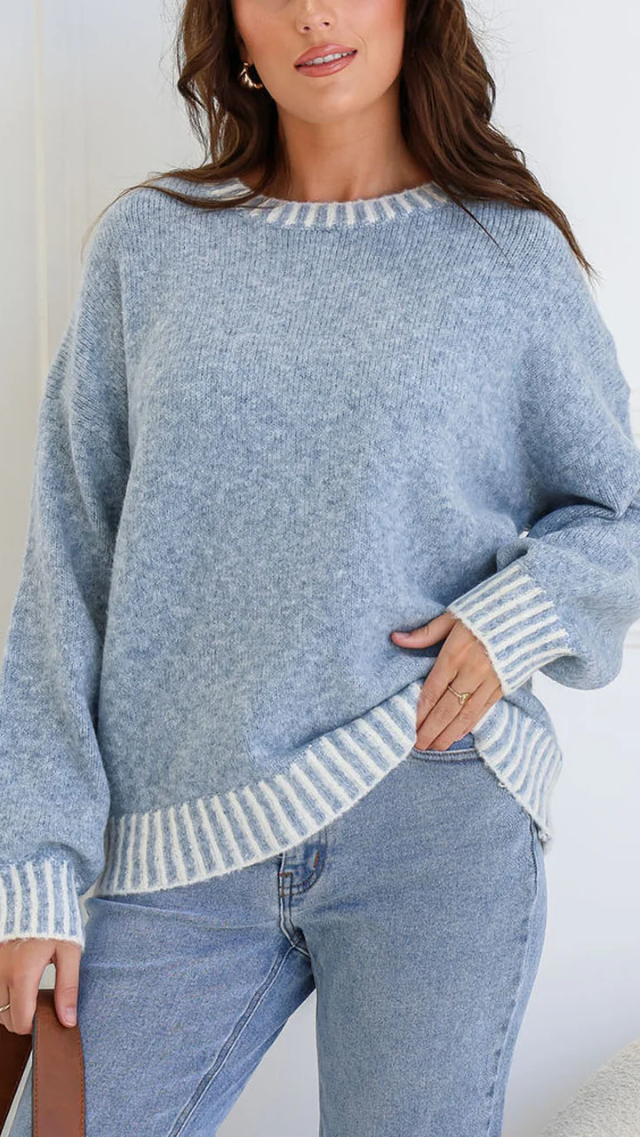 Tilly Crew Neck Blanket Stitch Knit - Blue