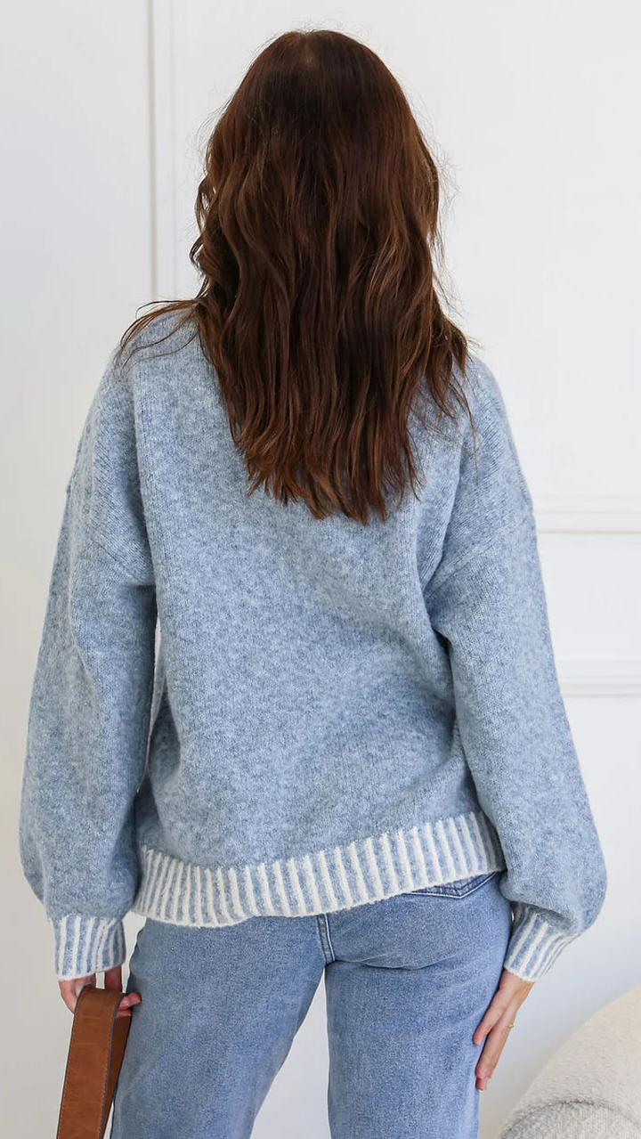 Tilly Crew Neck Blanket Stitch Knit - Blue