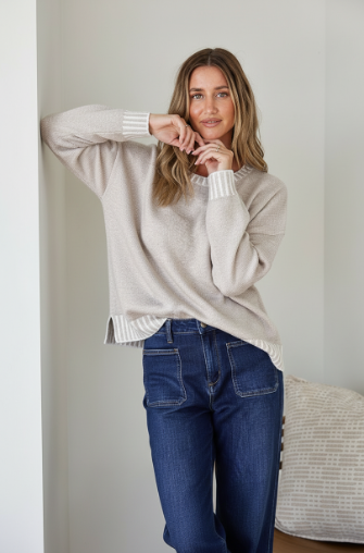 Tilly Crew Neck Blanket Stitch Knit - Latte