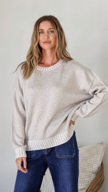 Tilly Crew Neck Blanket Stitch Knit - Latte