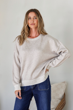 Tilly Crew Neck Blanket Stitch Knit - Latte