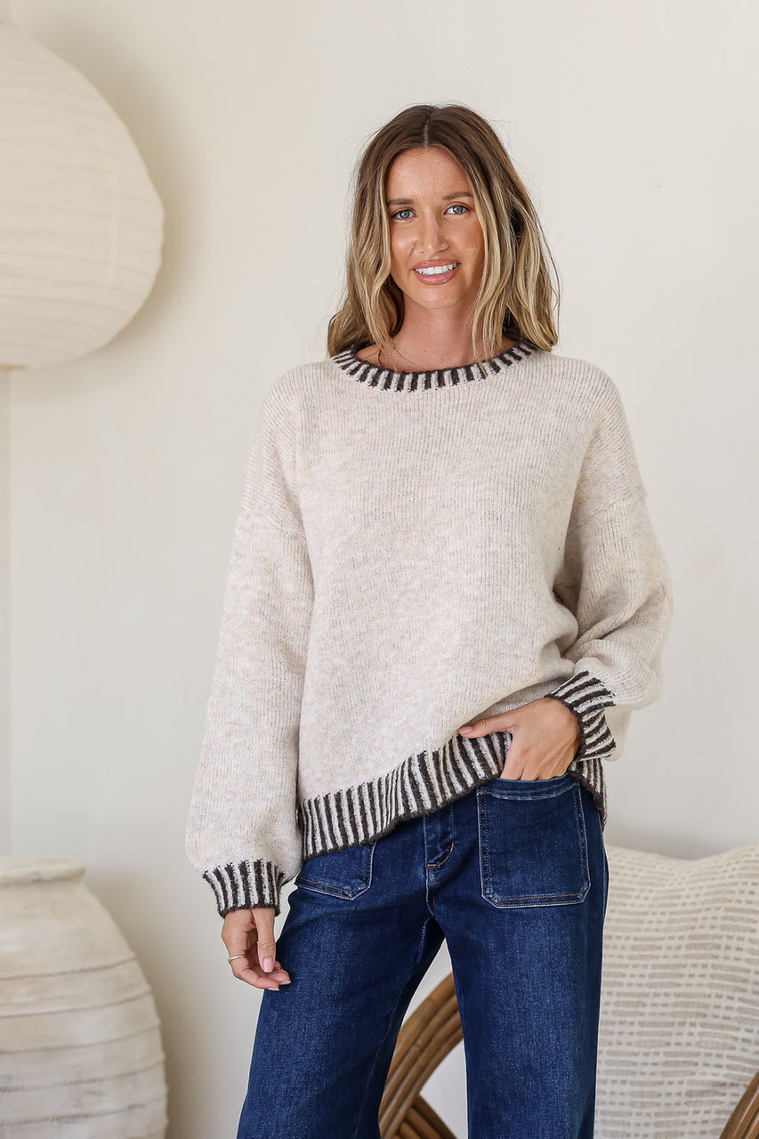 Tilly Crew Neck Blanket Stitch Knit - Latte/Chocolate