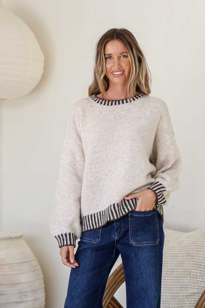 Tilly Crew Neck Blanket Stitch Knit - Latte/Chocolate