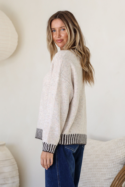 Tilly Crew Neck Blanket Stitch Knit - Latte/Chocolate