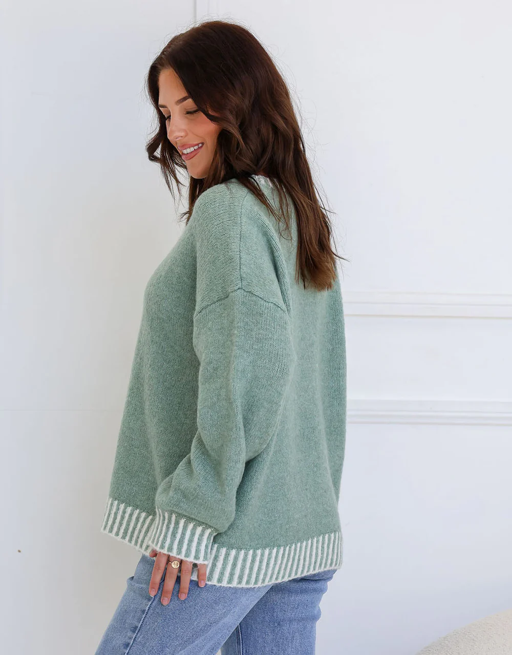 Tilly Crew Neck Blanket Stitch Knit - Sage