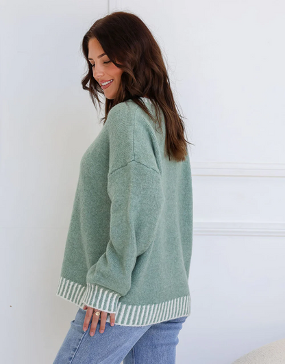 Tilly Crew Neck Blanket Stitch Knit - Sage