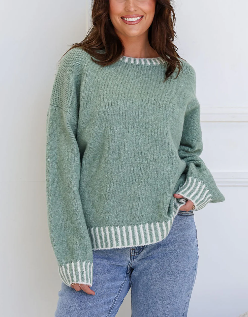 Tilly Crew Neck Blanket Stitch Knit - Sage