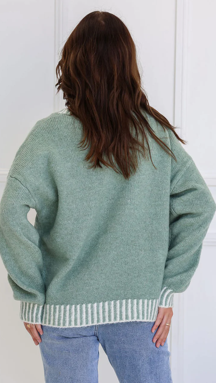 Tilly Crew Neck Blanket Stitch Knit - Sage