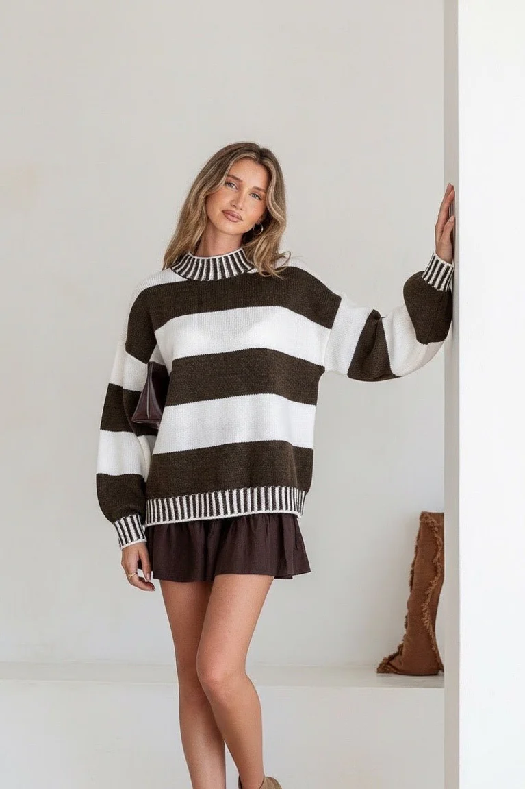 Tilly Stripe Knit - Chocolate/White