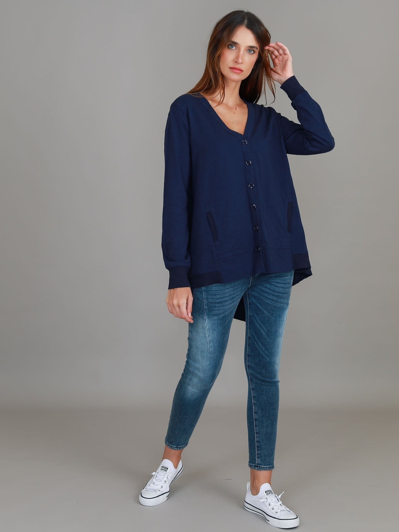 Weslie Long Sleeve Asymmetrical Cardigan - Navy