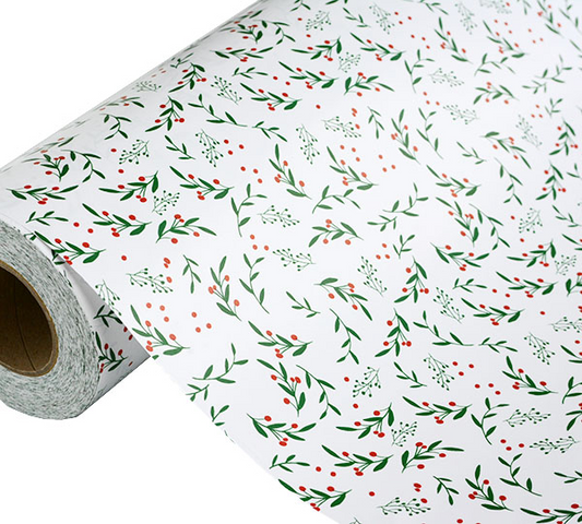 Xmas Holly Gift Wrap - Green/Red on White