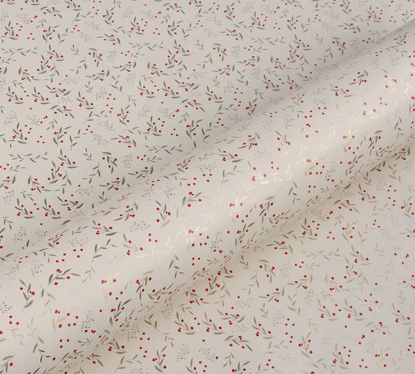 Xmas Holly Gift Wrap -  Creme/Red/Gold On White