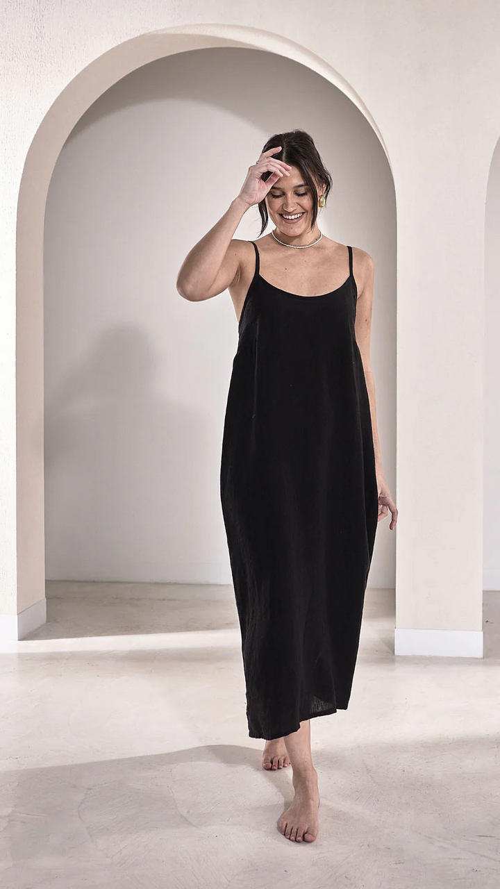 Fundamental Midi Linen Slip Dress - Black