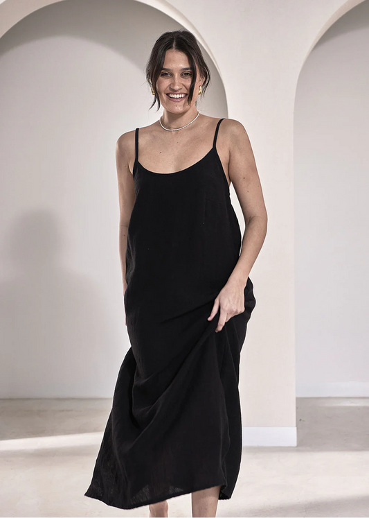 Fundamental Midi Linen Slip Dress - Black