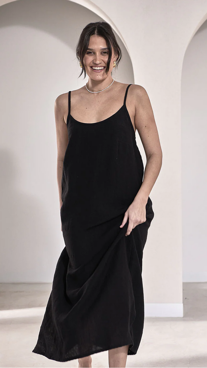 Fundamental Midi Linen Slip Dress - Black