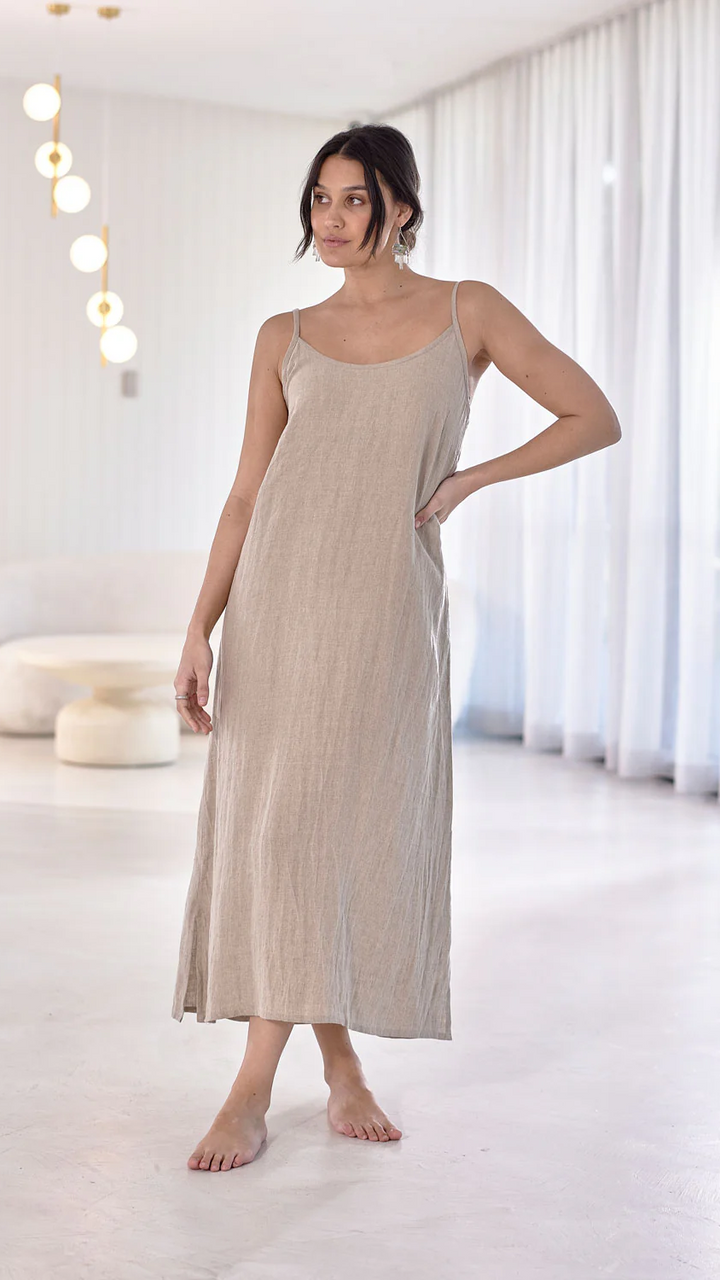 Fundamental Midi Linen Slip Dress - Natural