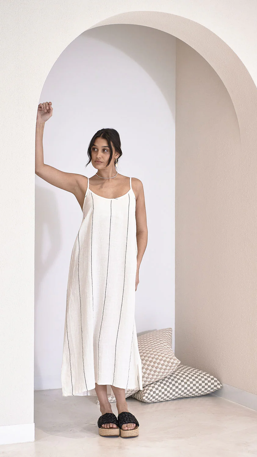 Carter Fundamental Linen Midi Slip Dress - Off White Charcoal Fine Stripe