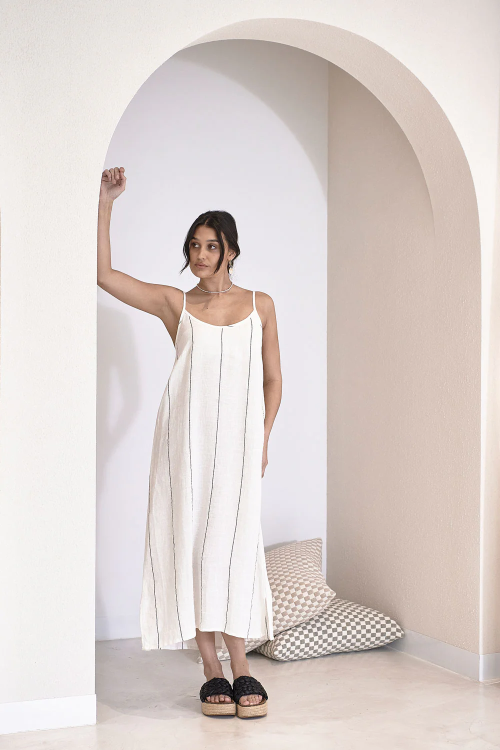 Carter Fundamental Linen Midi Slip Dress - Off White Charcoal Fine Stripe