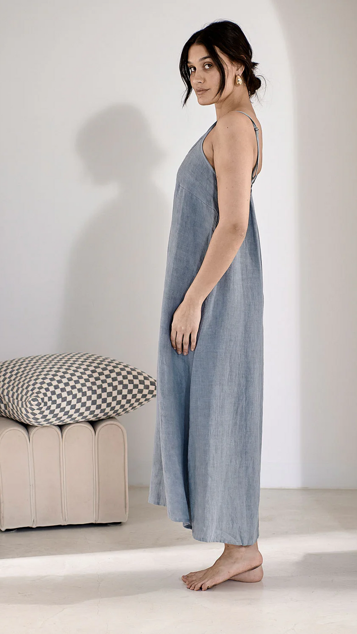 Fundamental Midi Linen Slip Dress - Blue