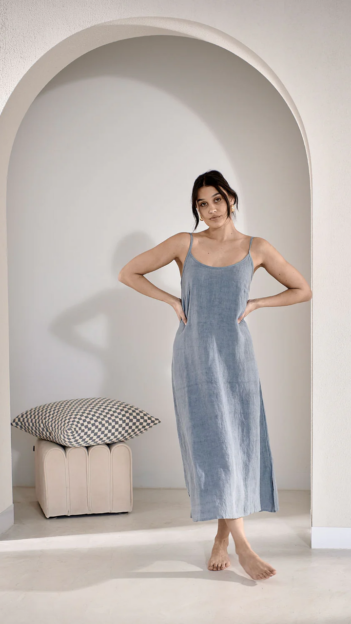 Fundamental Midi Linen Slip Dress - Blue