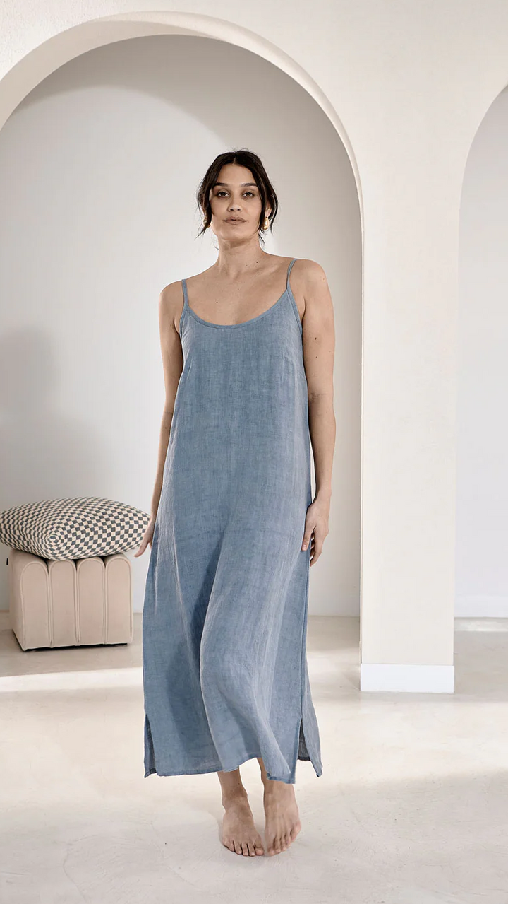 Fundamental Midi Linen Slip Dress - Blue