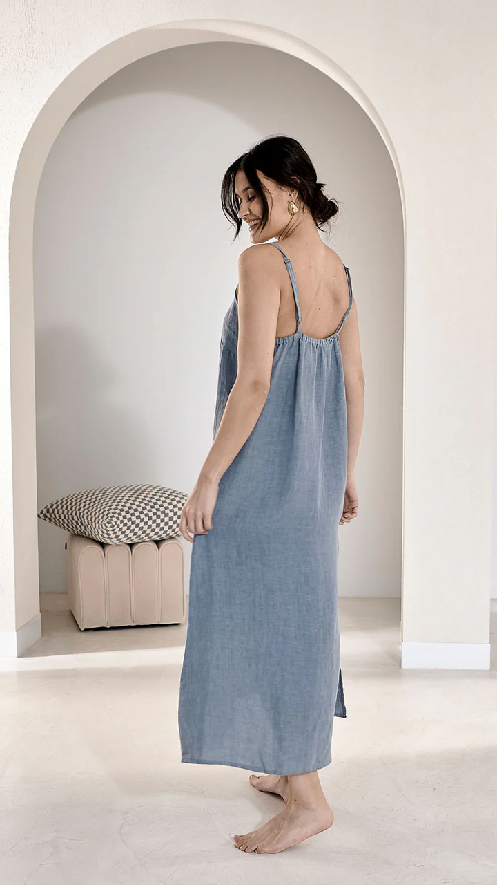 Fundamental Midi Linen Slip Dress - Blue