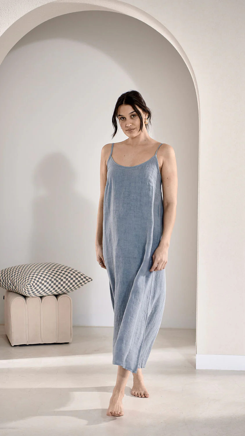 Fundamental Midi Linen Slip Dress - Blue