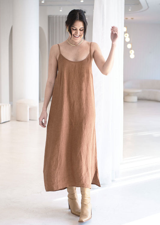 Fundamental Midi Linen Slip Dress - Nutmeg