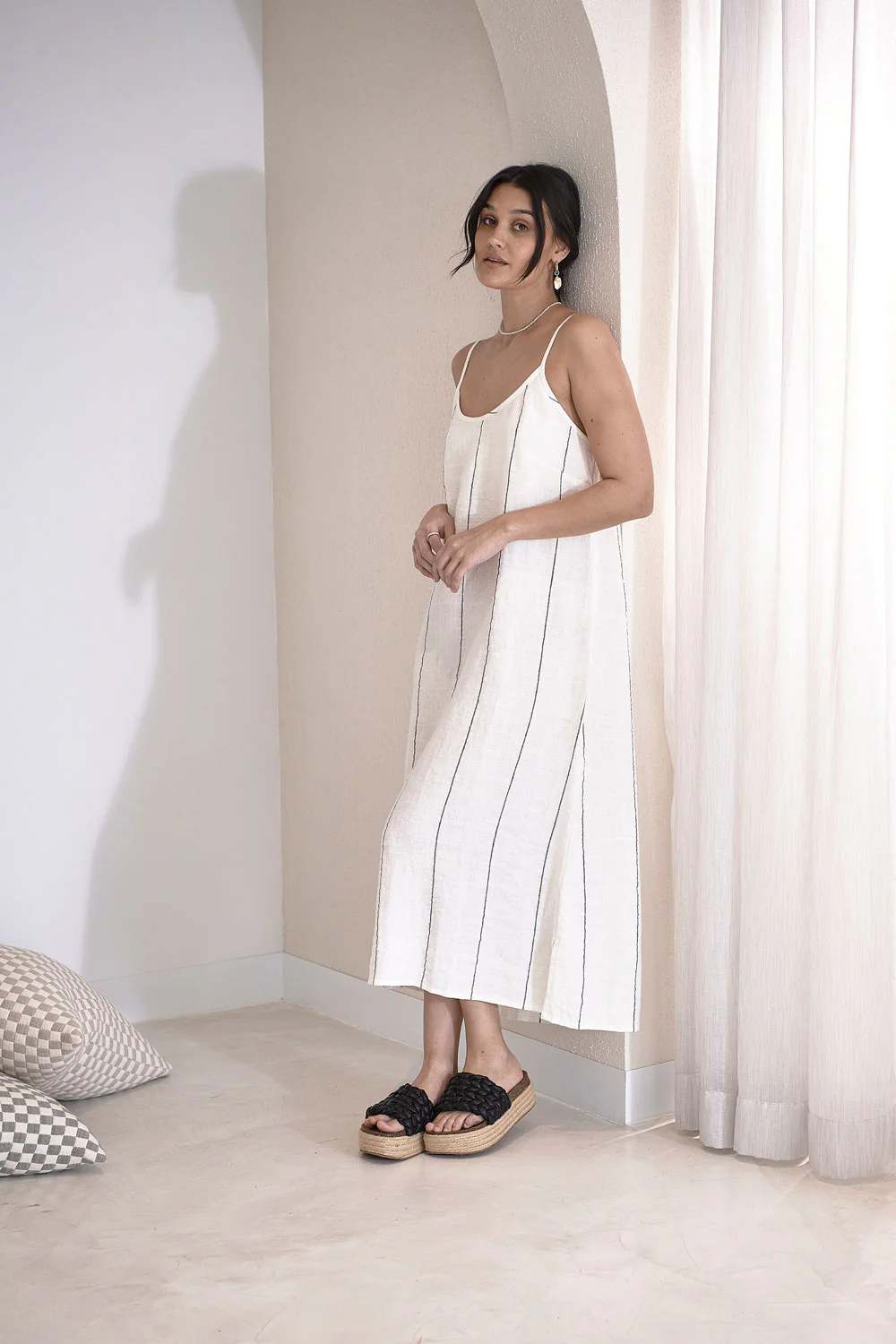 Carter Fundamental Linen Midi Slip Dress - Off White Charcoal Fine Stripe