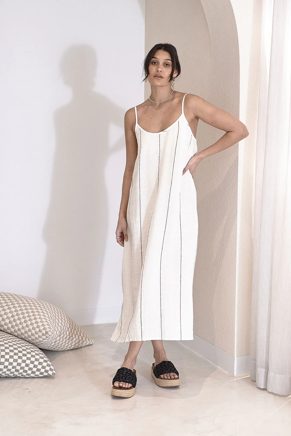 Carter Fundamental Linen Midi Slip Dress - Off White Charcoal Fine Stripe