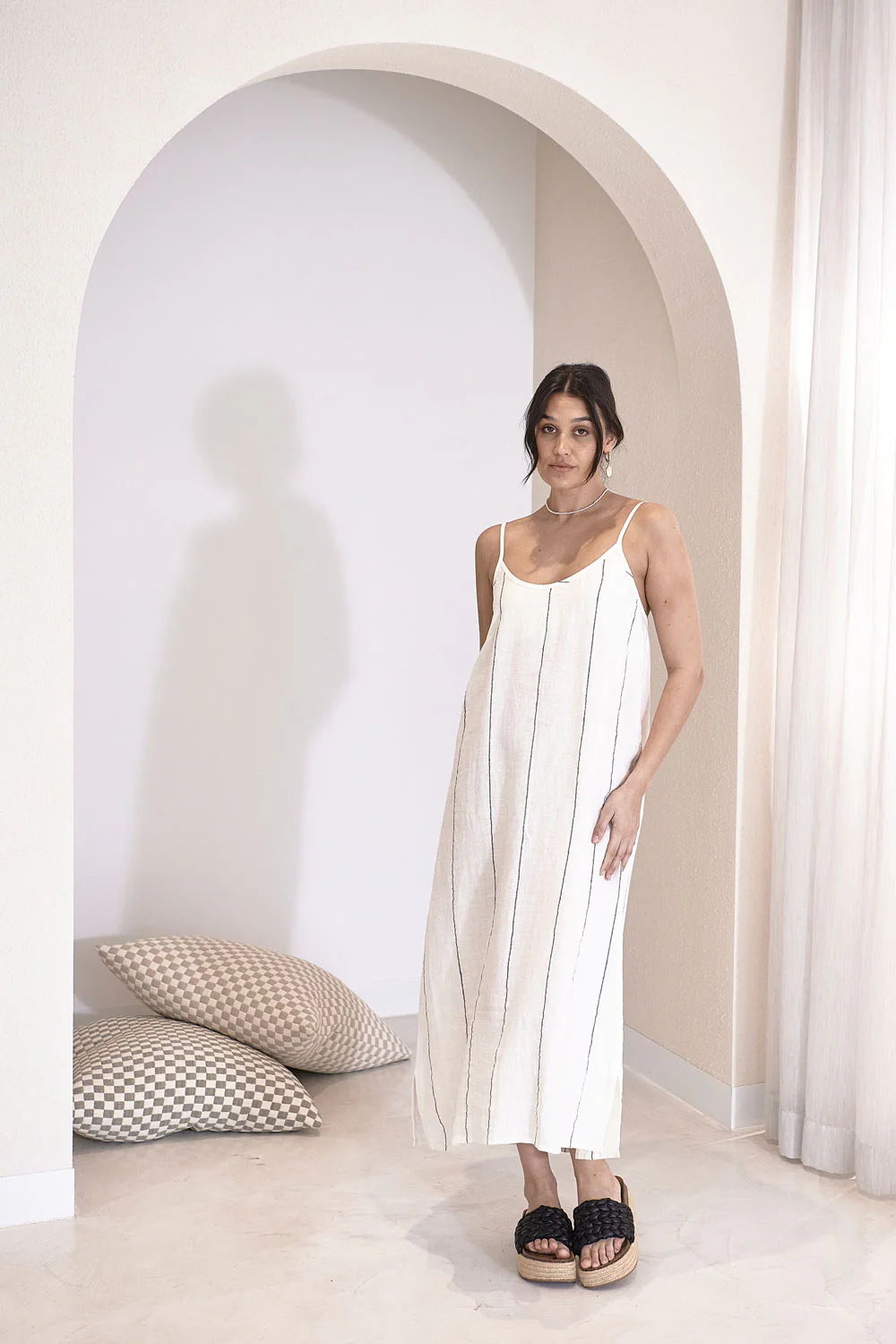Carter Fundamental Linen Midi Slip Dress - Off White Charcoal Fine Stripe