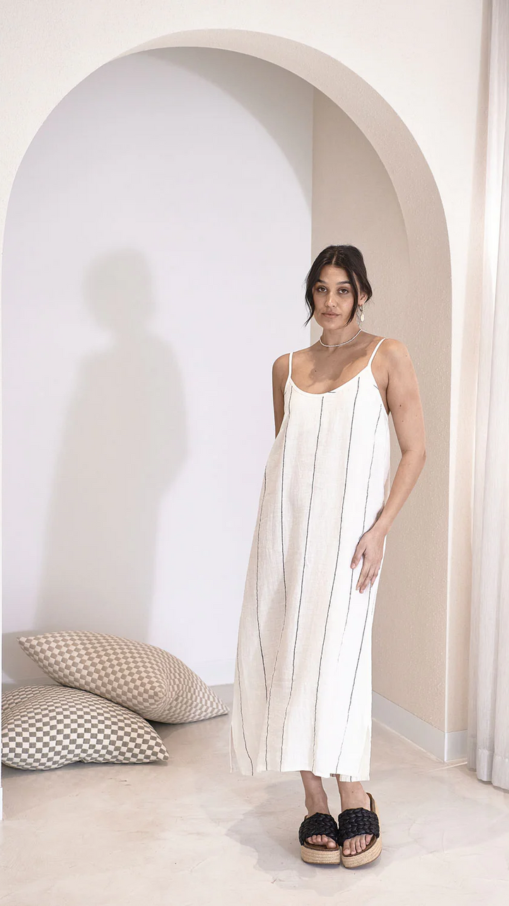 Carter Fundamental Linen Midi Slip Dress - Off White Charcoal Fine Stripe