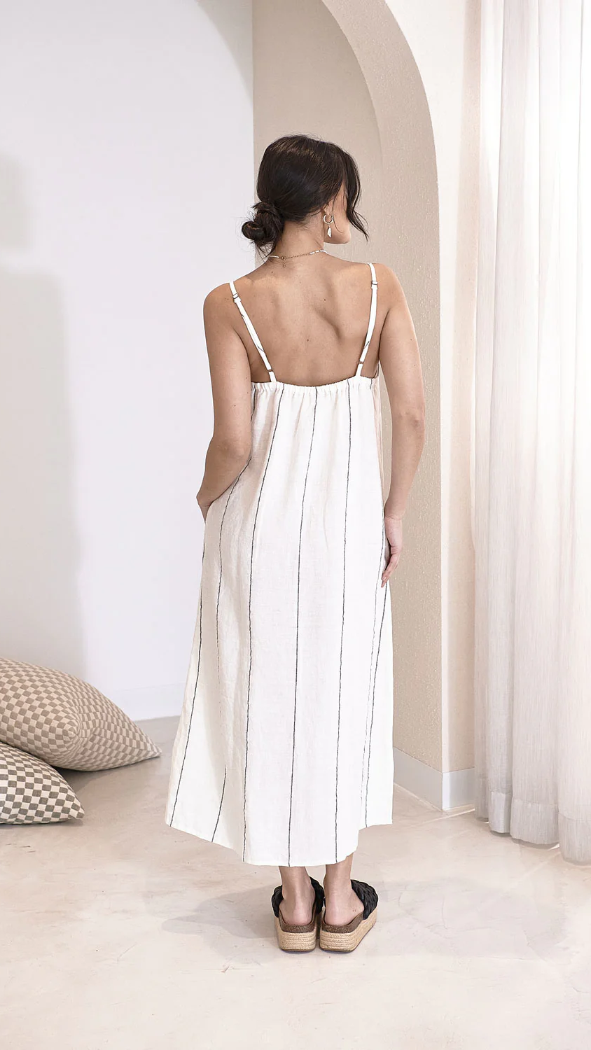 Carter Fundamental Linen Midi Slip Dress - Off White Charcoal Fine Stripe