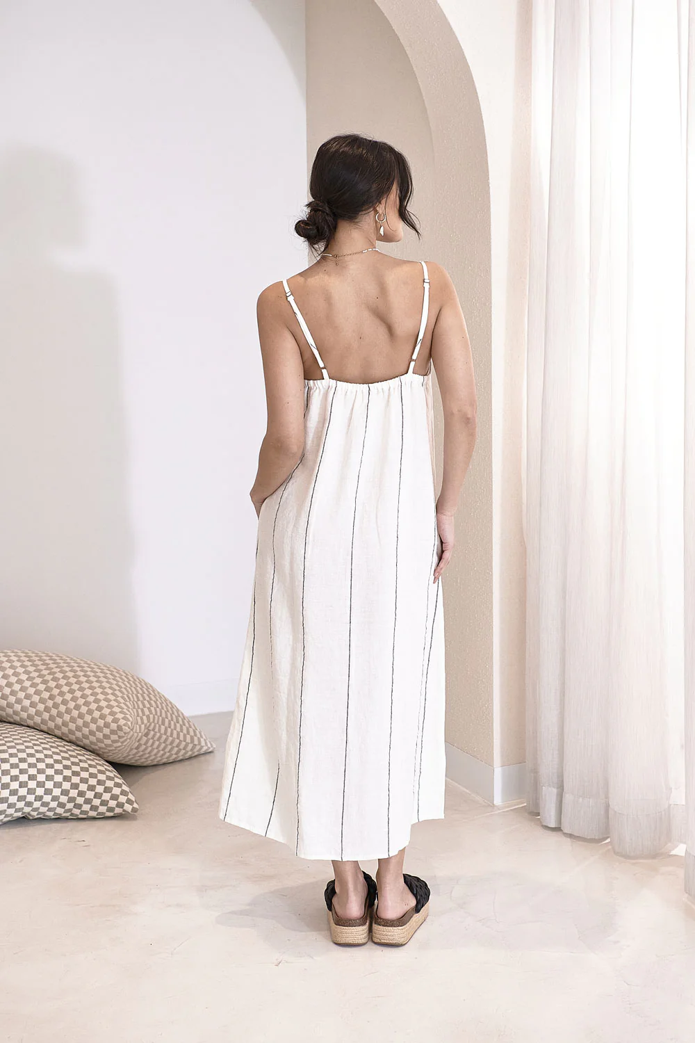 Carter Fundamental Linen Midi Slip Dress - Off White Charcoal Fine Stripe