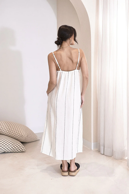 Carter Fundamental Linen Midi Slip Dress - Off White Charcoal Fine Stripe